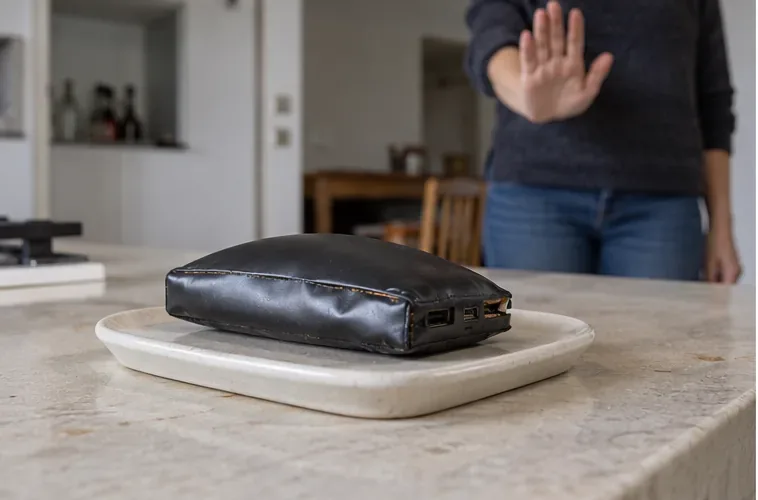 Power bank gonfia e deformata isolata su una superficie ceramica mentre una persona mantiene le mani lontane