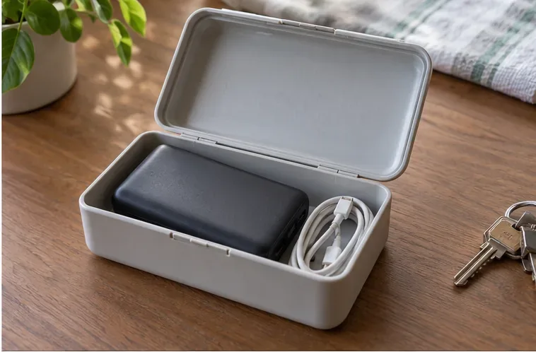 Power bank integra sistemata in una piccola custodia rigida con il cavo separato su un tavolo