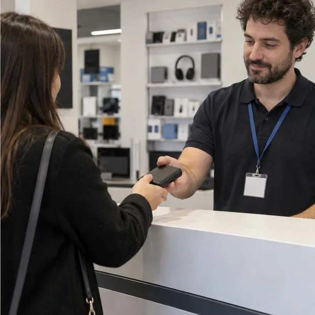 Una cliente consegna una power bank integra a un addetto al banco di un negozio di elettronica.