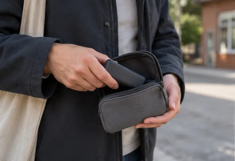 Persona che inserisce una power bank integra in una piccola custodia per trasportarla al punto di raccolta