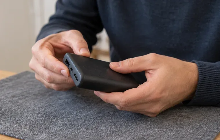 Persona che controlla con attenzione il guscio e le porte di una power bank prima del trasporto