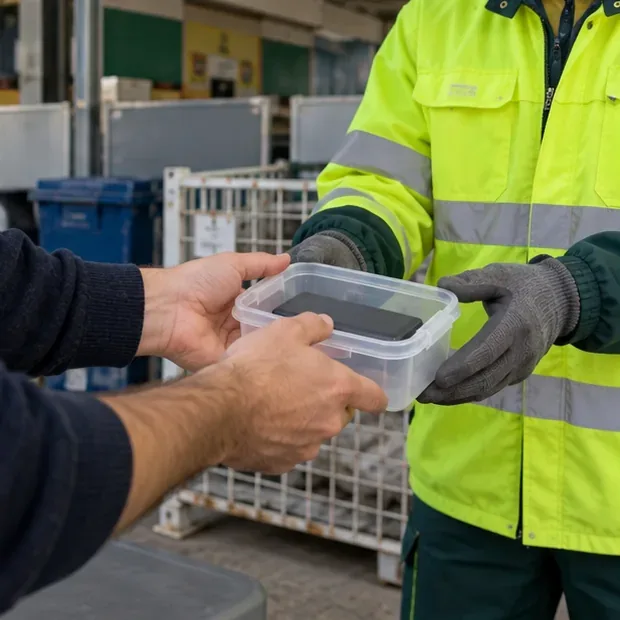 Un cittadino consegna a un addetto con guanti e giacca ad alta visibilità un contenitore con una power bank presso un centro di raccolta.