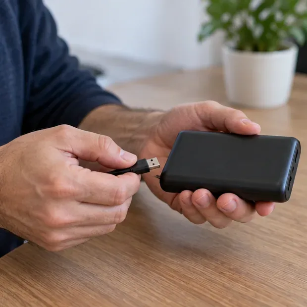 Una persona scollega un cavo USB da una power bank nera prima di prepararla per lo smaltimento.