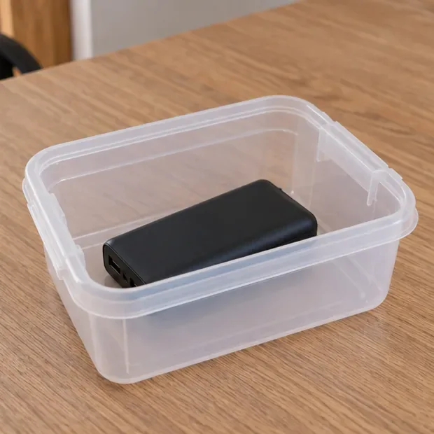 Una power bank nera è appoggiata da sola in un piccolo contenitore rigido trasparente pronto per il trasporto.