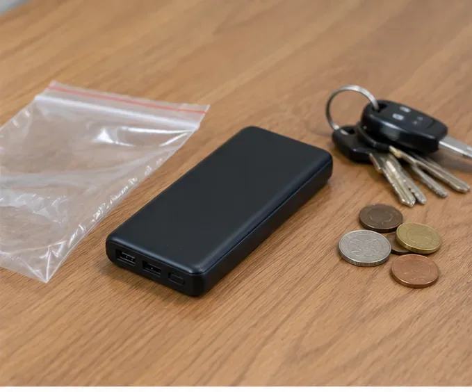Una power bank appoggiata su un tavolo accanto a un sacchetto trasparente, mentre chiavi e monete sono tenute separate