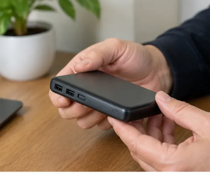Una persona controlla con le mani una power bank nera integra, osservando la scocca e le porte USB