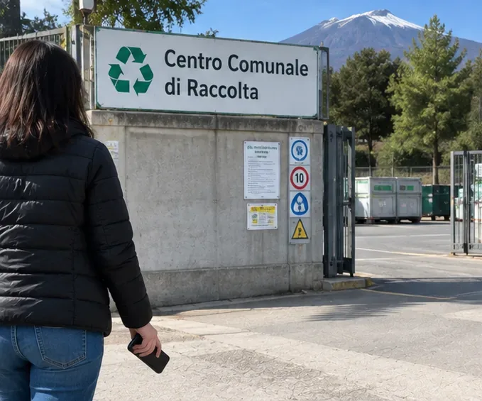Una persona si avvicina all'ingresso di un generico Centro Comunale di Raccolta con una power bank in mano