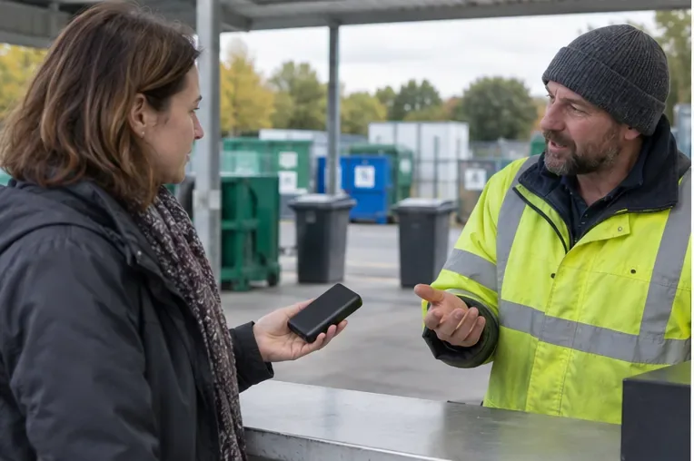 Una cittadina mostra una piccola power bank a un operatore in un centro di raccolta