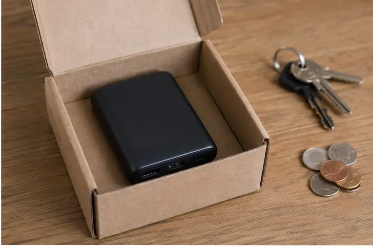 Una power bank integra è sistemata in una piccola scatola separata da chiavi e monete