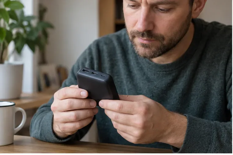 Una persona controlla la scocca integra e le porte di una power bank prima di portarla a raccolta