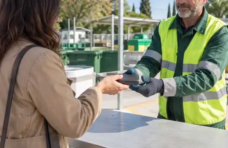 Un operatore in abbigliamento ad alta visibilità riceve una power bank da una residente in un punto ecologico
