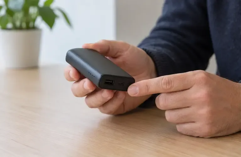 Una persona controlla i connettori e l’involucro di una power bank integra prima dello smaltimento