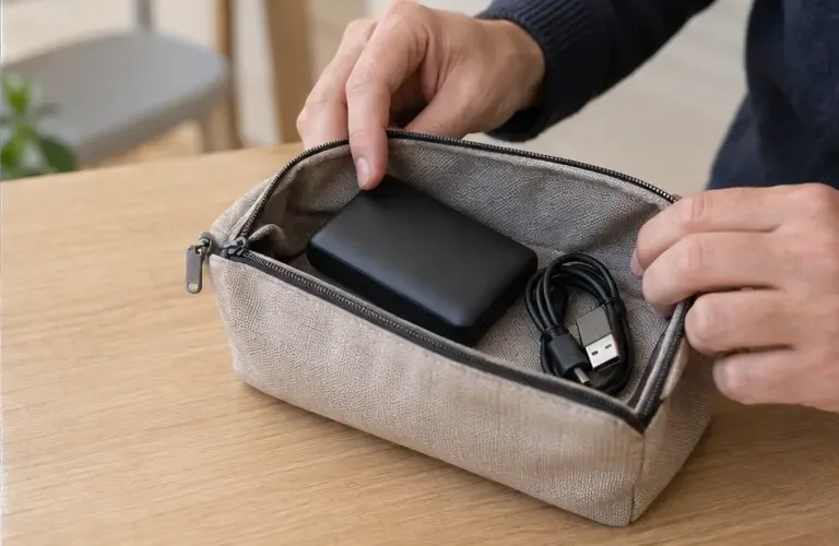Una power bank integra e il suo cavo sono sistemati separatamente in una custodia non metallica per il trasporto