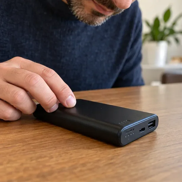 Una persona controlla visivamente una power bank nera appoggiata su un tavolo di legno