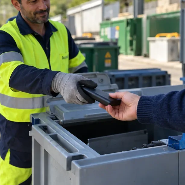 Un addetto di un centro di raccolta riceve una power bank da un cittadino