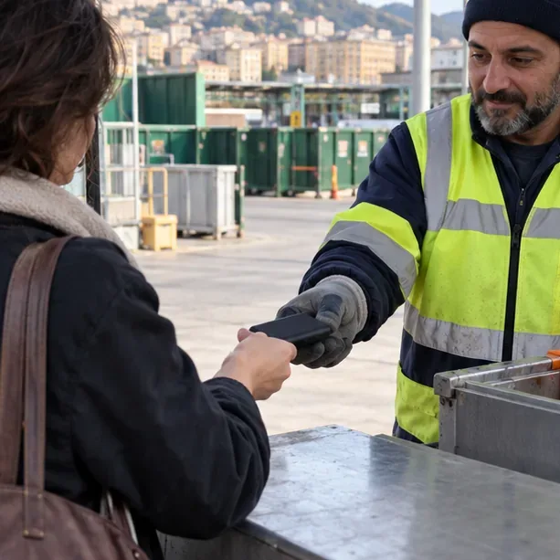 Un addetto in gilet ad alta visibilità riceve una power bank da una cittadina al banco di un centro di raccolta