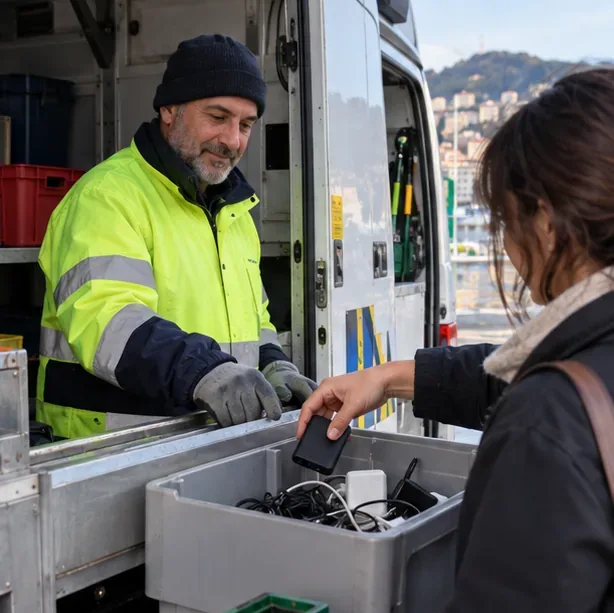 Una donna consegna una power bank a un addetto AMIU in gilet catarifrangente presso un furgone di raccolta mobile