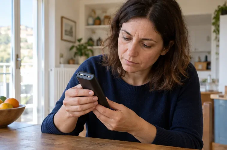Una persona controlla la scocca e le porte di una power bank appoggiata sul tavolo