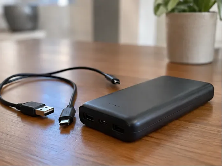 Power bank nera e cavo USB appoggiati separatamente su un tavolo prima del conferimento
