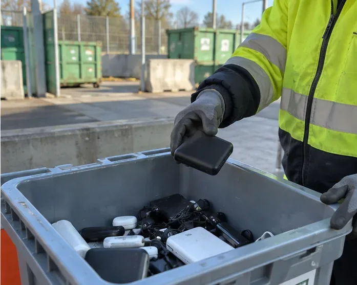 Un operatore di un centro di raccolta tiene una power bank sopra un contenitore destinato a piccoli rifiuti elettronici
