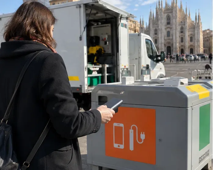 Una persona porta una power bank verso un punto mobile di raccolta per piccoli dispositivi elettronici in una piazza di Milano