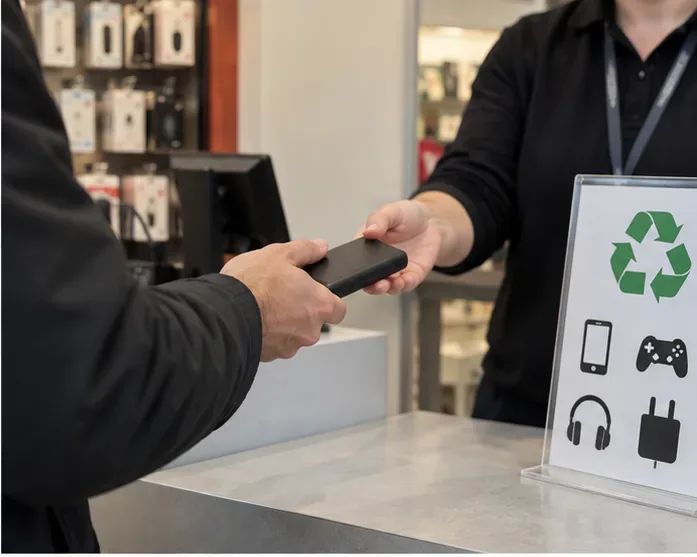 Un cliente consegna una piccola power bank a un addetto in un negozio di elettronica accanto a un simbolo di riciclo