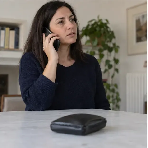 Una donna telefona per chiedere istruzioni mentre una power bank deformata resta appoggiata lontano da lei.