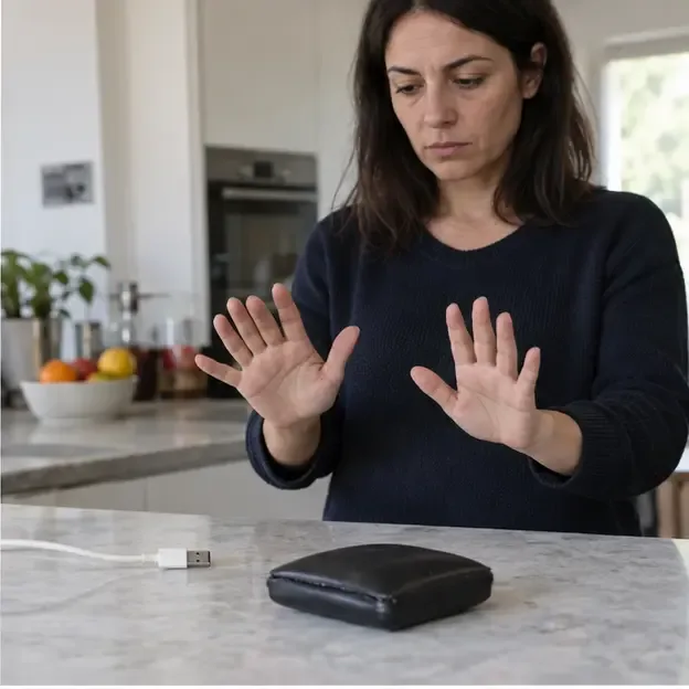 Una persona tiene le mani lontane da una power bank deformata mentre il cavo USB è scollegato sul piano della cucina.