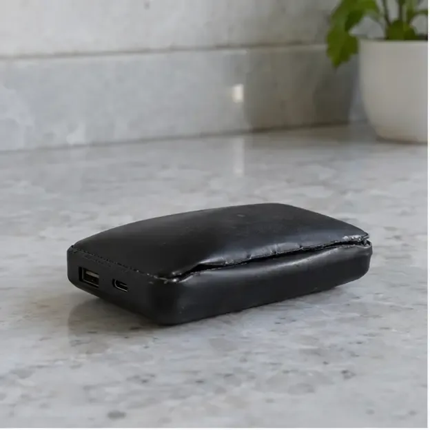 Una power bank nera con la custodia visibilmente sollevata appoggiata su un piano in pietra chiaro.