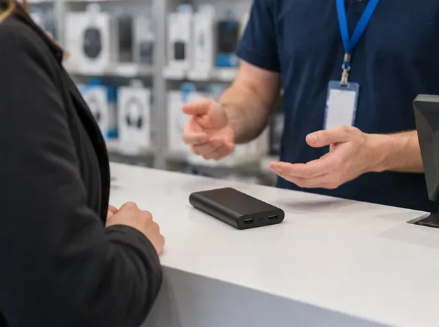 Power bank appoggiata sul banco di un negozio di elettronica mentre un cliente parla con un addetto.