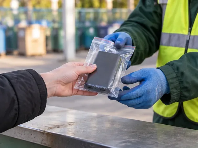 Una persona consegna una power bank in un sacchetto a un operatore con guanti blu e gilet ad alta visibilità.