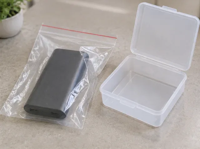 Power bank integra in un sacchetto trasparente individuale, accanto a una scatola rigida aperta.