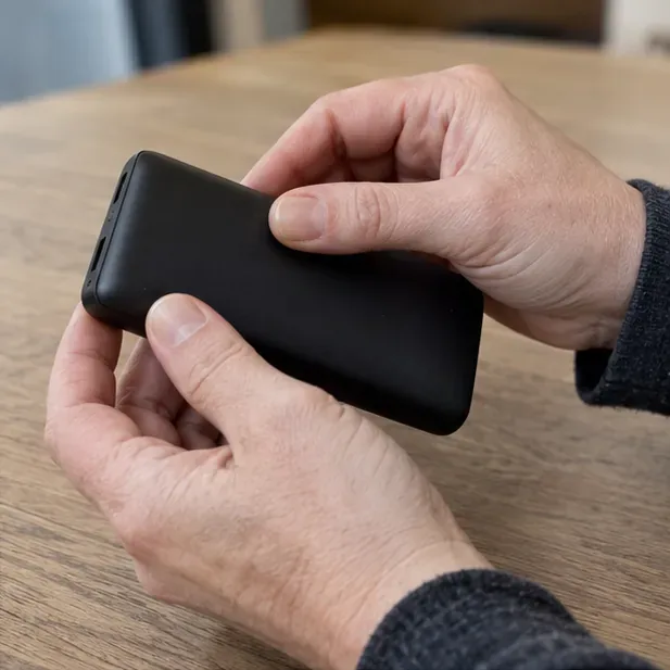 Mani che controllano visivamente una power bank nera per cercare rigonfiamenti o danni senza aprirla