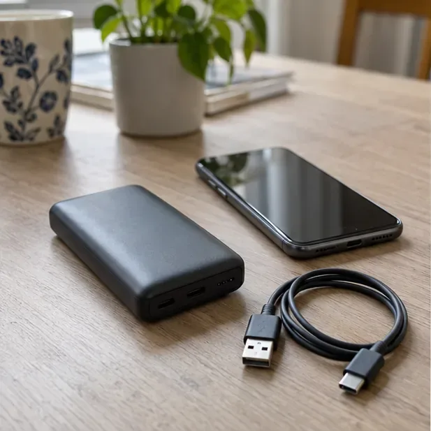 Power bank nera integra accanto a uno smartphone e a un cavo USB su un tavolo di casa