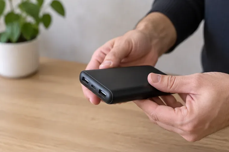 Una persona controlla una power bank nera integra tenendola con entrambe le mani sopra un tavolo di legno