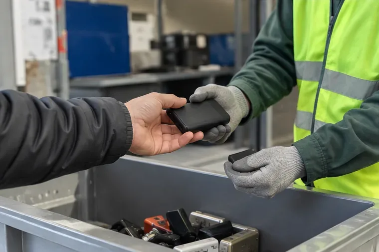 Un addetto con guanti riceve una piccola power bank da un cittadino presso un'area di raccolta elettronica
