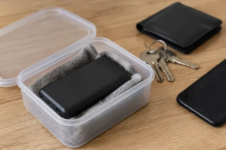 Una power bank nera sistemata in un piccolo contenitore di plastica imbottito e separata da chiavi e altri dispositivi