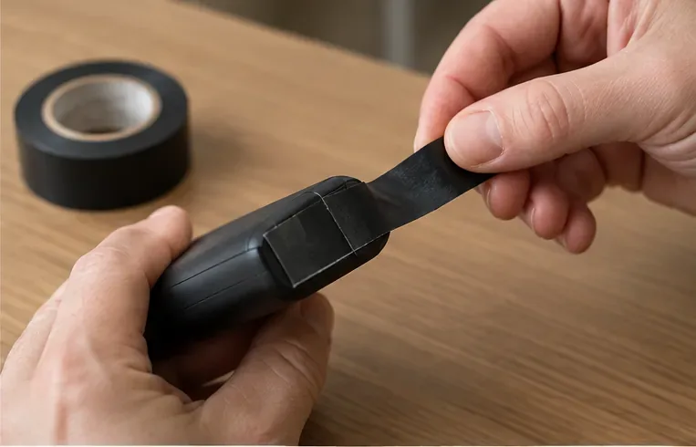Una persona applica nastro isolante nero sui contatti esterni di una power bank