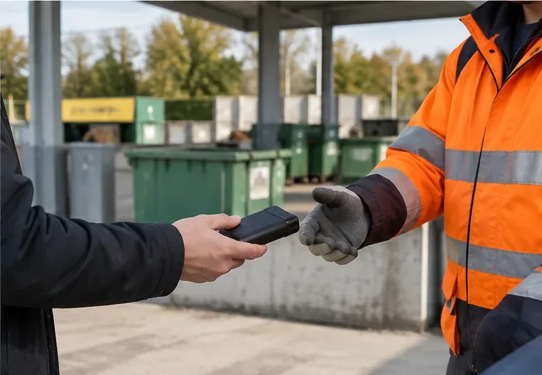 Una persona consegna una power bank a un operatore in un centro di raccolta con contenitori sullo sfondo