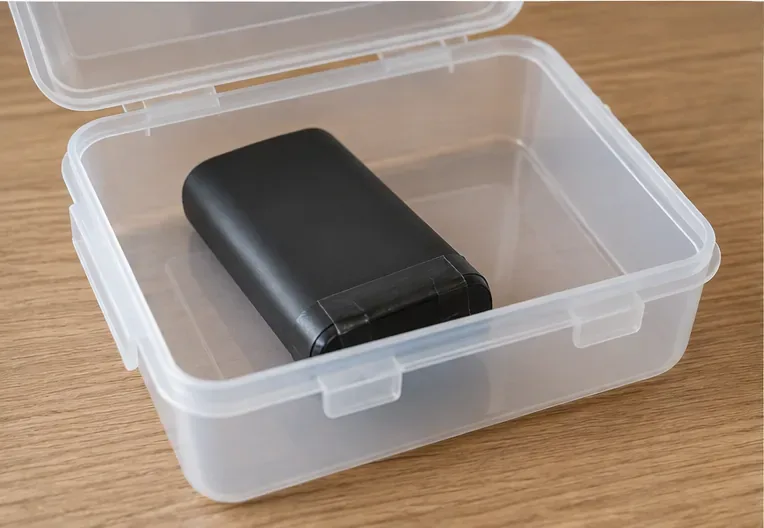 Una power bank nera con i contatti protetti è appoggiata da sola in un contenitore di plastica