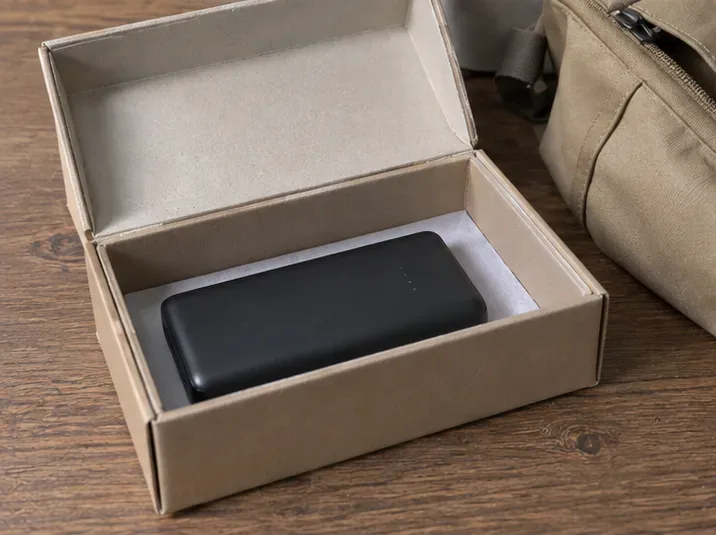 Power bank collocata da sola in una piccola scatola di cartone per il trasporto al centro di raccolta