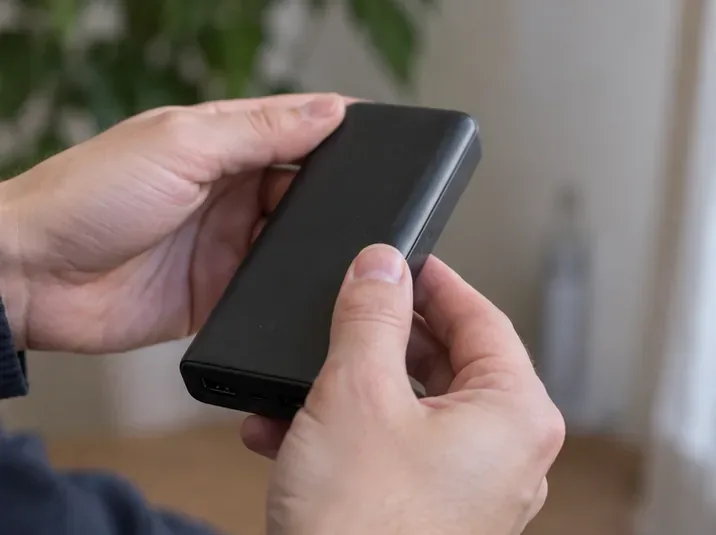 Una persona controlla con le mani l’involucro esterno di una power bank nera