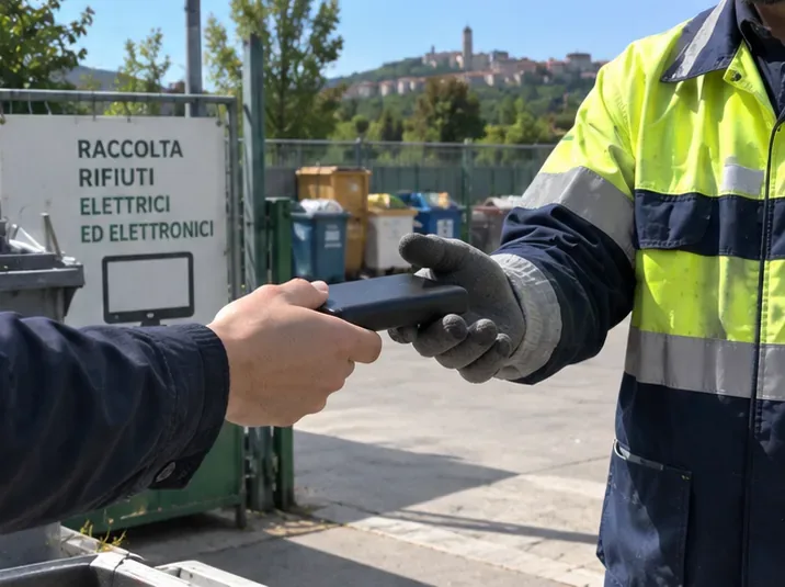 Una persona consegna una power bank a un addetto con guanti in un’area di raccolta dei rifiuti elettrici ed elettronici
