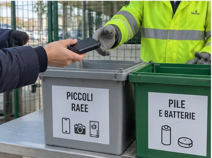Operatore che riceve una power bank accanto a contenitori distinti per piccoli RAEE e pile e batterie