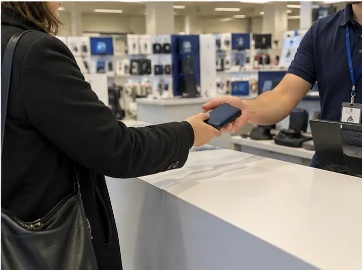 Cliente che consegna una power bank a un addetto al banco di un negozio di elettronica