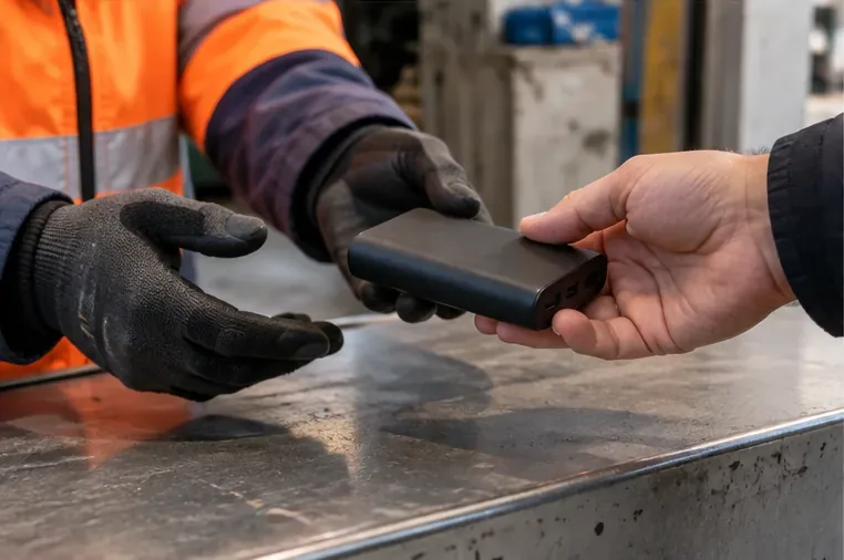 Utente che porge una power bank a un operatore con guanti in un centro di raccolta