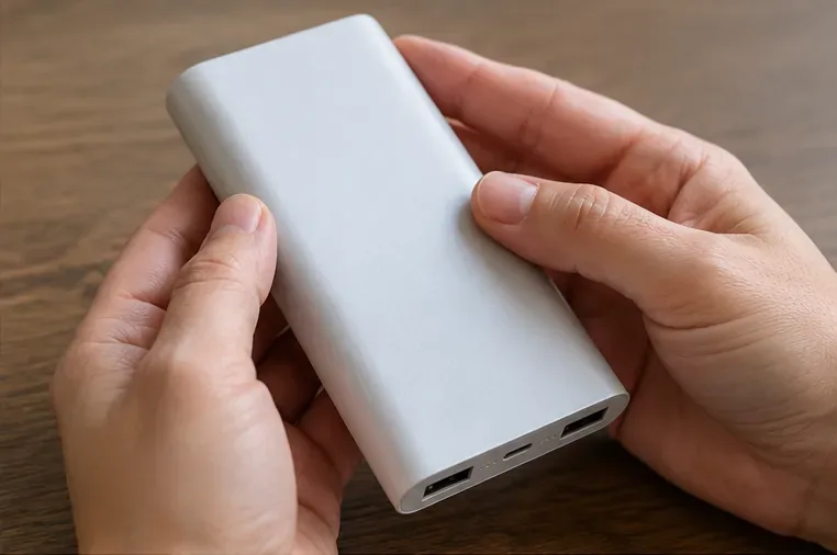 Mani che controllano l’involucro di una power bank senza aprirla