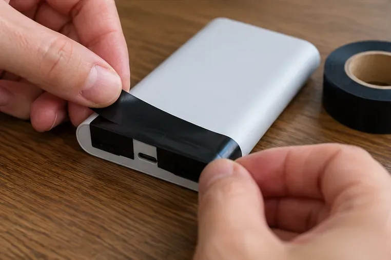 Nastro isolante applicato sulla zona dei connettori di una power bank