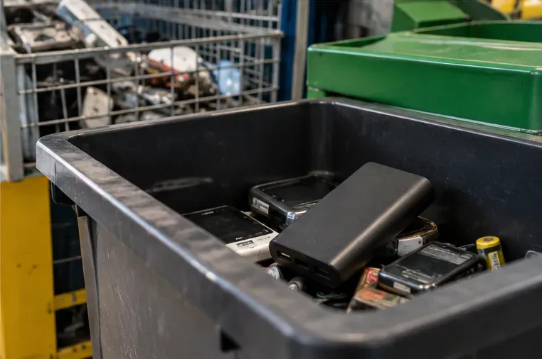 Power bank nera insieme a piccoli dispositivi elettronici in un contenitore di raccolta