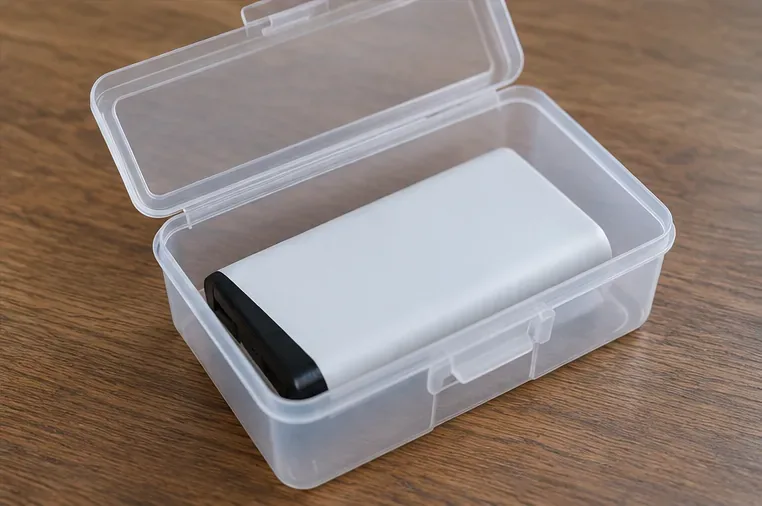 Power bank sistemata da sola in una piccola scatola trasparente rigida